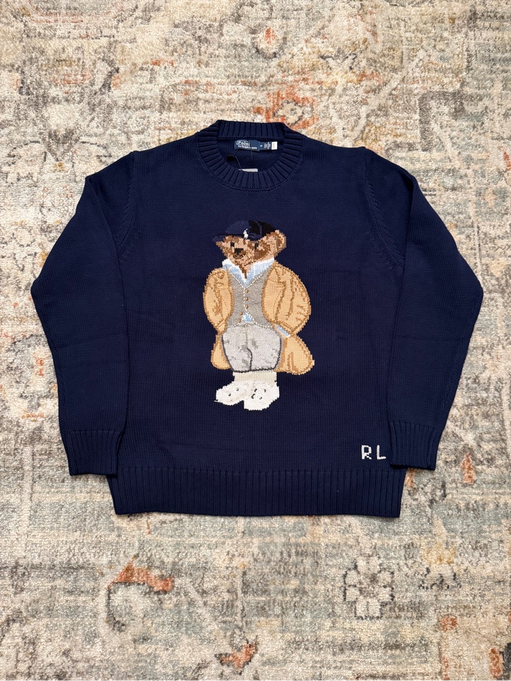 Ralph Lauren Navy Polo Bear Crewneck Sweater with Embroidered Bear